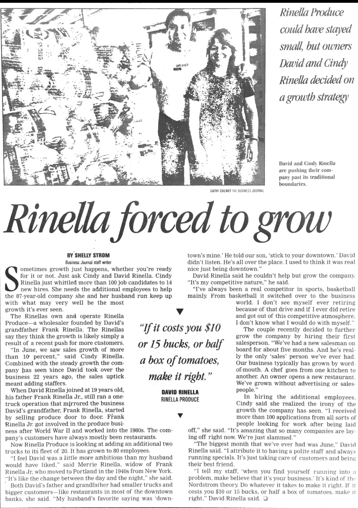 Newspaper article about the growth of Rinella Produce titled 'Rinella forced to grow'.