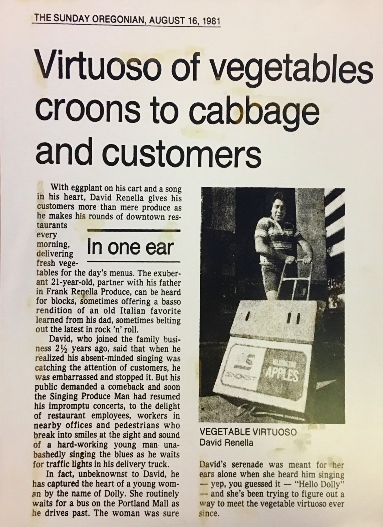 Newspaper article about Mr. Rinella from 1981 titled 'Virtuoso of vegetables croons to cabbage and customers'.